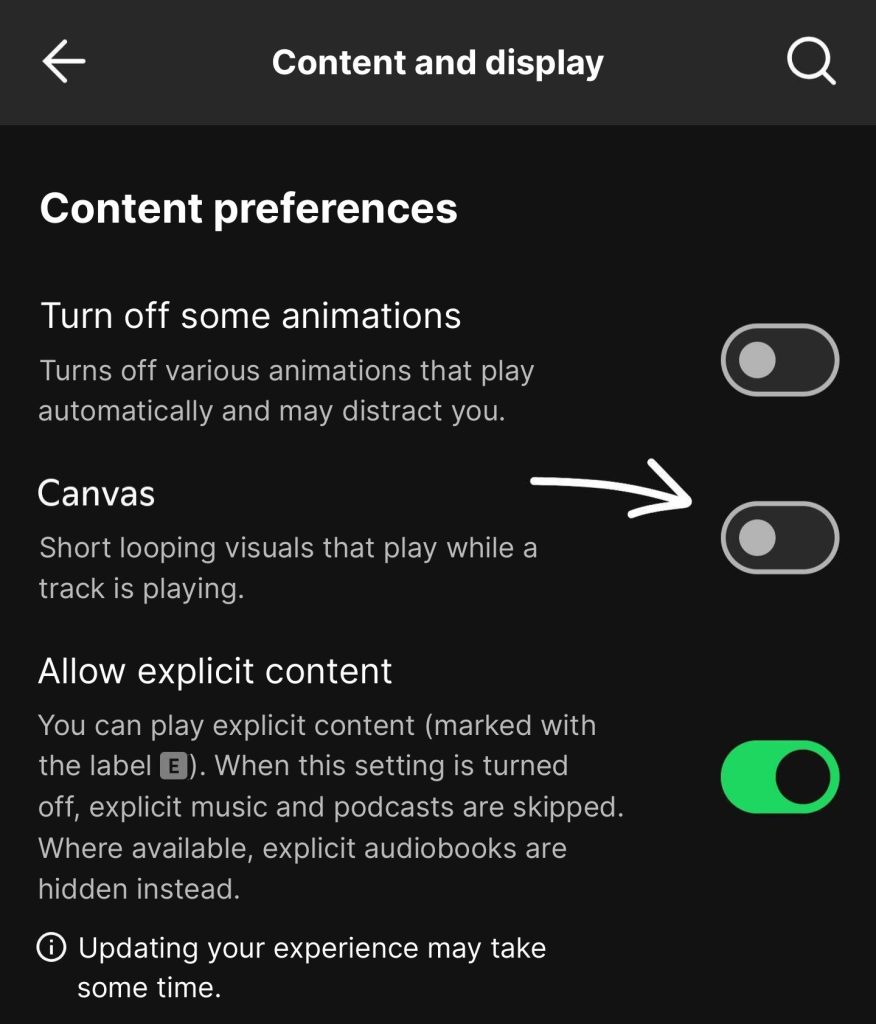 Snímka obrazovky Spotify, „Obsah a zobrazenie“, s vypnutým prepínačom Canvas a šípkou, ktorá naň ukazuje