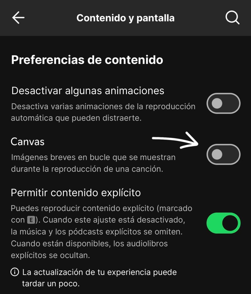 Captura de pantalla de Spotify, Contenido y visualización, con el interruptor Canvas desactivado y una flecha que lo señala