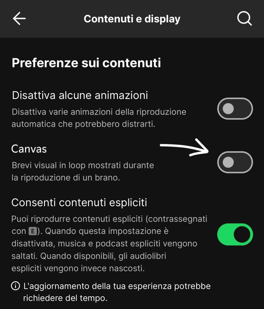 Screenshot di Spotify, Contenuti e visualizzazione, con l'interruttore Canvas disattivato e una freccia che lo indica