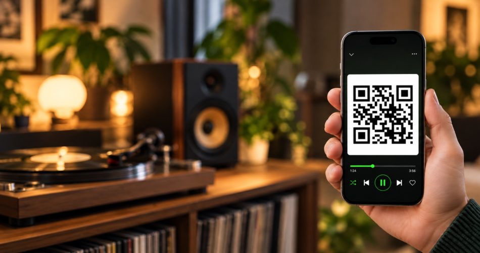 Smartphone mit einem QR-Code in der Spotify-App vor einem Plattenspieler und einem Lautsprecher