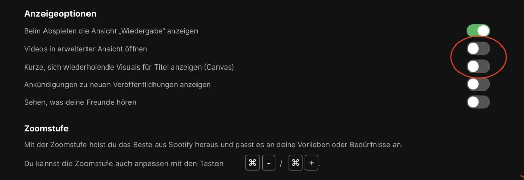 Screenshot des Spotify-Menüs „Einstellungen“, Bereich Anzeige, mit rot umkreister Option „Canvas“