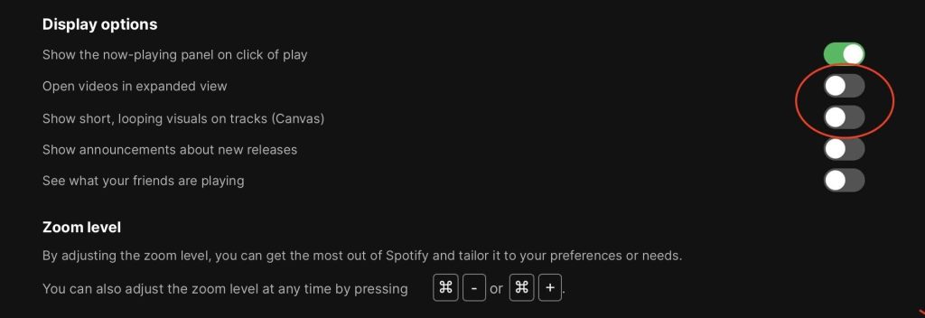 Snímka obrazovky menu nastavení Spotify, sekcia zobrazenia, s možnosťou Canvas zakrúžkovanou na červeno