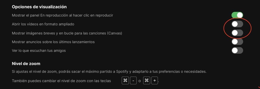 Captura de pantalla del menú Configuración de Spotify, sección de visualización, con la opción Canvas rodeada en rojo