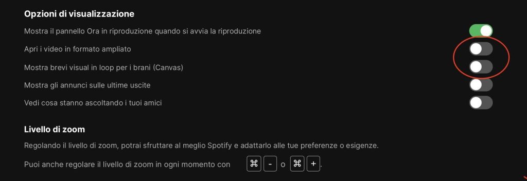 Screenshot del menu Impostazioni di Spotify, sezione visualizzazione, con l'opzione Canvas cerchiata in rosso
